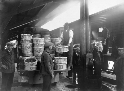222789 Afbeelding van het beladen van wagens voor fruitvervoer op het N.S.-station te Tiel